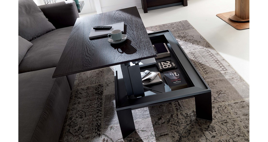 Table de salon transformable en table repas avec piétement alu profilé et plateau en véritable bois de placage