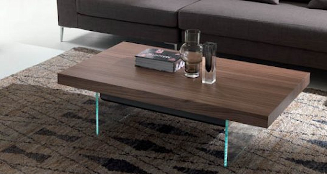 Table de salon transformable en table repas avec piétement verre et plateau véritable bois de placage