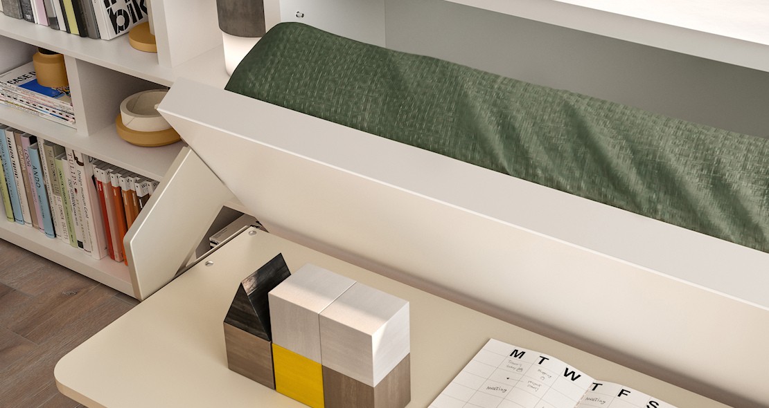 Meuble lit transversal avec bureau incorporé en façade couchage 80x200