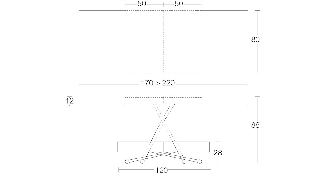 Table à hauteur variable Ulisse avec allonges intégrées